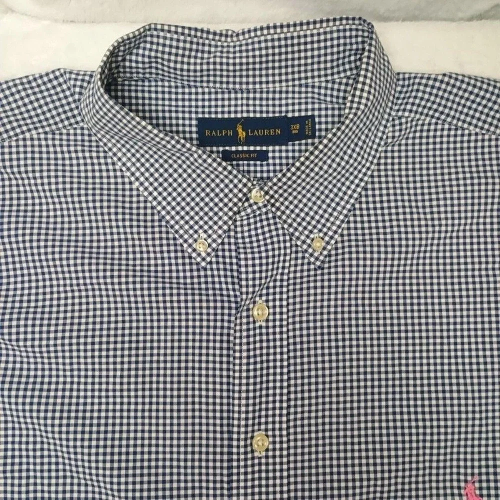 Ralph Lauren Shirt Mens Big 3XB Blue Plaid Button-Down Classic Pink Pony Casual